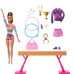 Barbie ® Gymnastic Playset with Brunette Gymnast Doll, C-Clip for Flipping Action, Balance Beam, Warm-Up Suit & Accessories Fashion