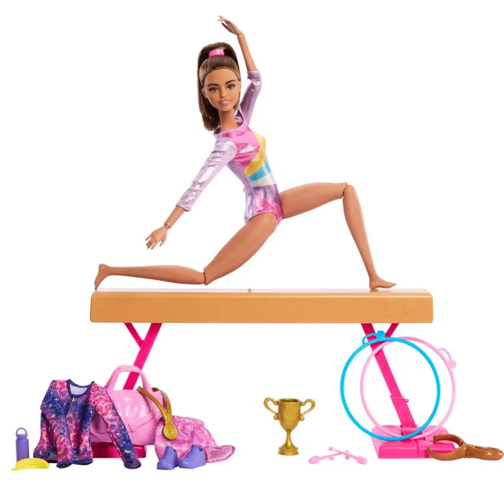 Barbie ® Gymnastic Playset with Brunette Gymnast Doll, C-Clip for Flipping Action, Balance Beam, Warm-Up Suit & Accessories Fashion