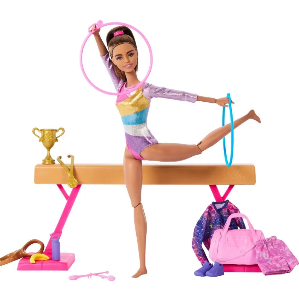 Barbie ® Gymnastic Playset with Brunette Gymnast Doll, C-Clip for Flipping Action, Balance Beam, Warm-Up Suit & Accessories Fashion