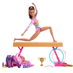 Barbie ® Gymnastic Playset with Brunette Gymnast Doll, C-Clip for Flipping Action, Balance Beam, Warm-Up Suit & Accessories Fashion