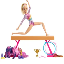 Mattel Canada Inc. Barbie® Gymnastic Playset with Blonde Gymnast Doll, C-Clip for Flipping Action, Balance Beam, Warm-Up Suit & Accessories Fashion