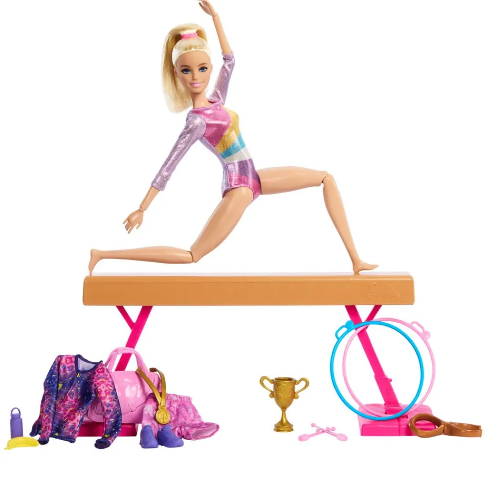 Mattel Canada Inc. Barbie® Gymnastic Playset with Blonde Gymnast Doll, C-Clip for Flipping Action, Balance Beam, Warm-Up Suit & Accessories Fashion
